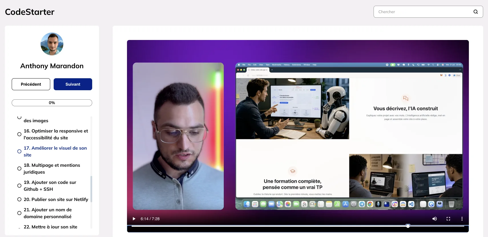 L'espace de formation CodeStarter avec la vidéo du chapitre et la liste des chapitres